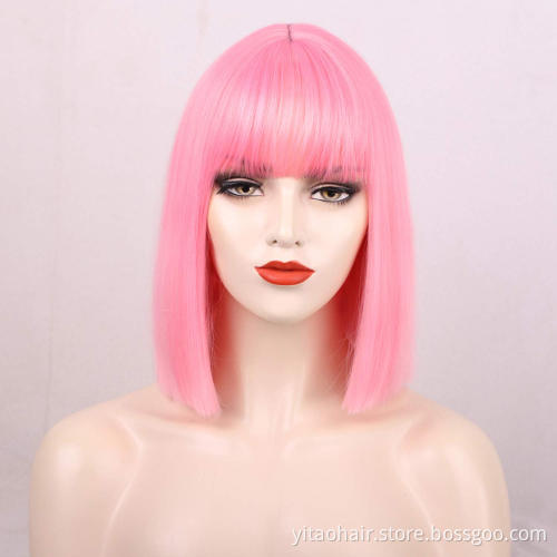 Pink Bob  Wig with Bangs Short Straight Synthetic Hair Wigs for  Women Neon Pink Shoulder Length Wig for Daily Cosply Party Use